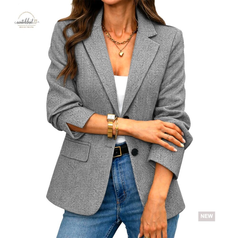 Slim Fit Herringbone Tweed Blazer with Flap Pockets for Business Casual